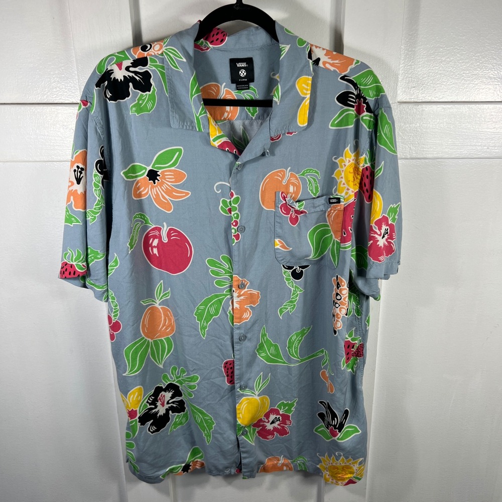 Vans Mens XL Classic Fit Blue Tropical Fruit Floral Viscose Button Down Shirt